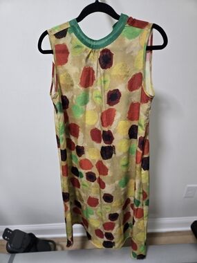 Sleeveless Polka-Dot Shift Dress in Multicolor with Green Trim
